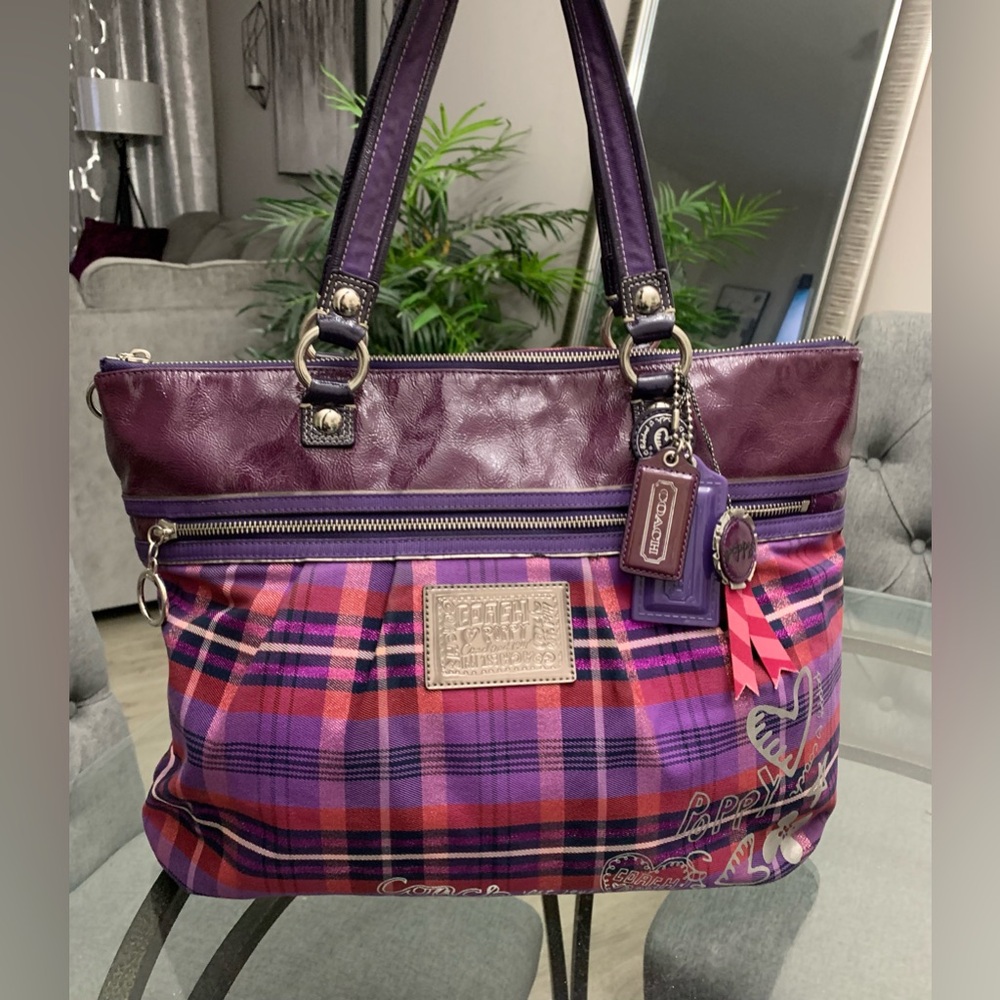 Coach poppy #15886 purple and pink plaid Tote bag
